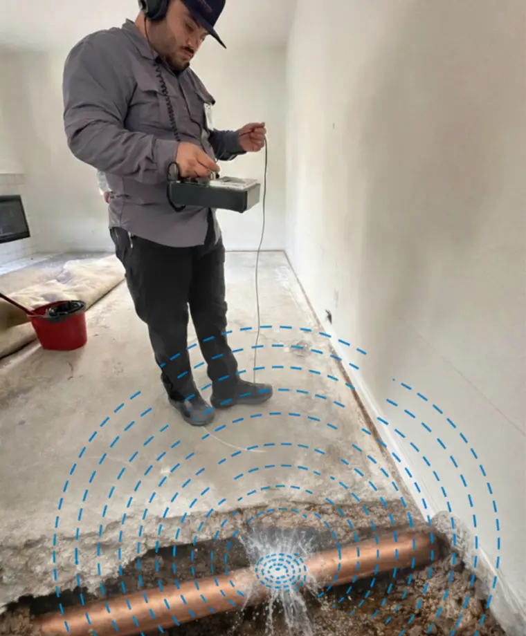 Plumbing Solution Specialist technician performing electronic slab leak detection inside a Southern California home